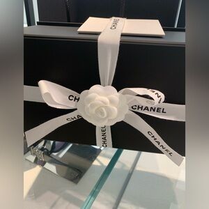 Authentic rare mid size folded Chanel Black Box with White Ribbon,Camellia box